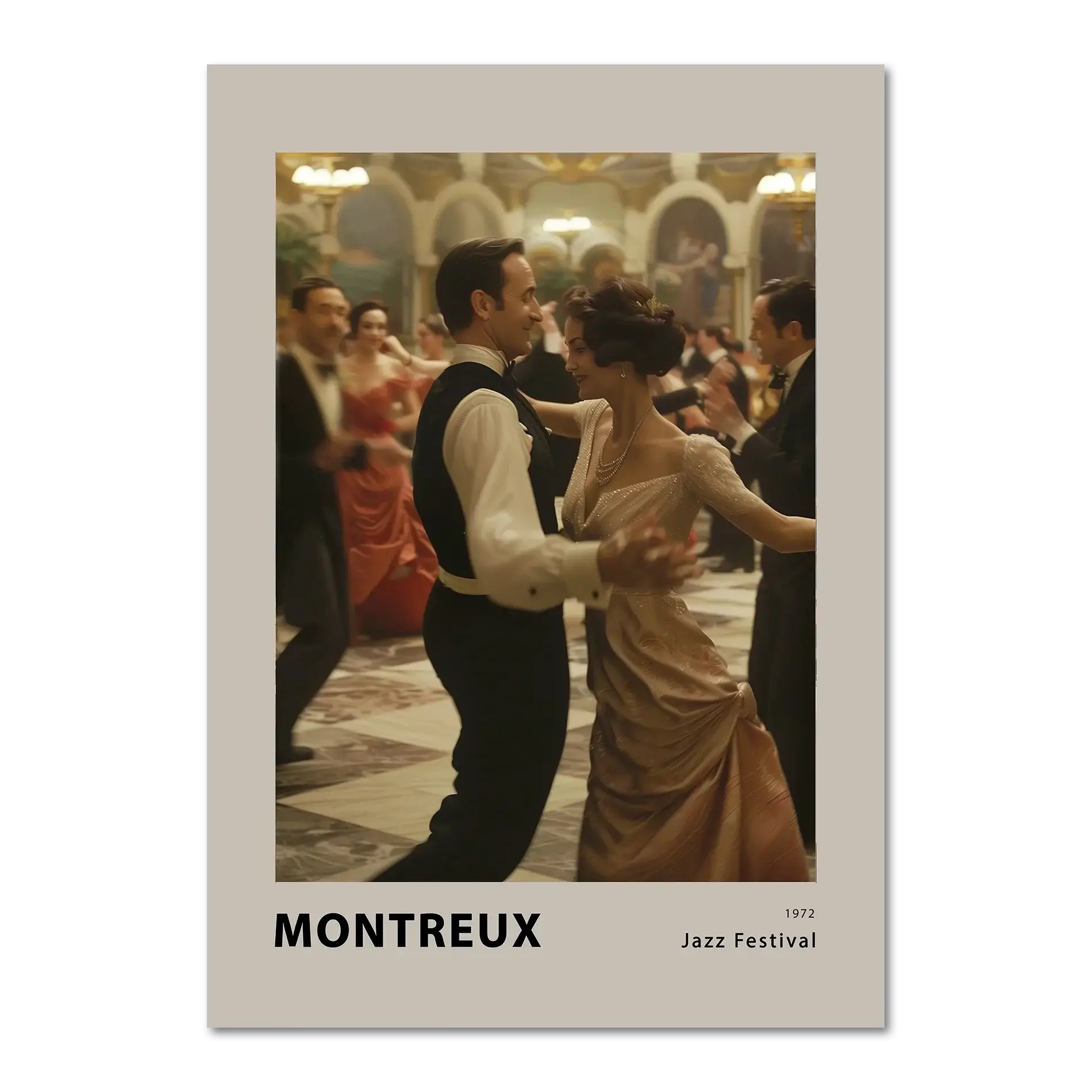 Montreux jazz festival - Poster featuring a couple dancing in a glamorous ballroom filled with soft golden light.