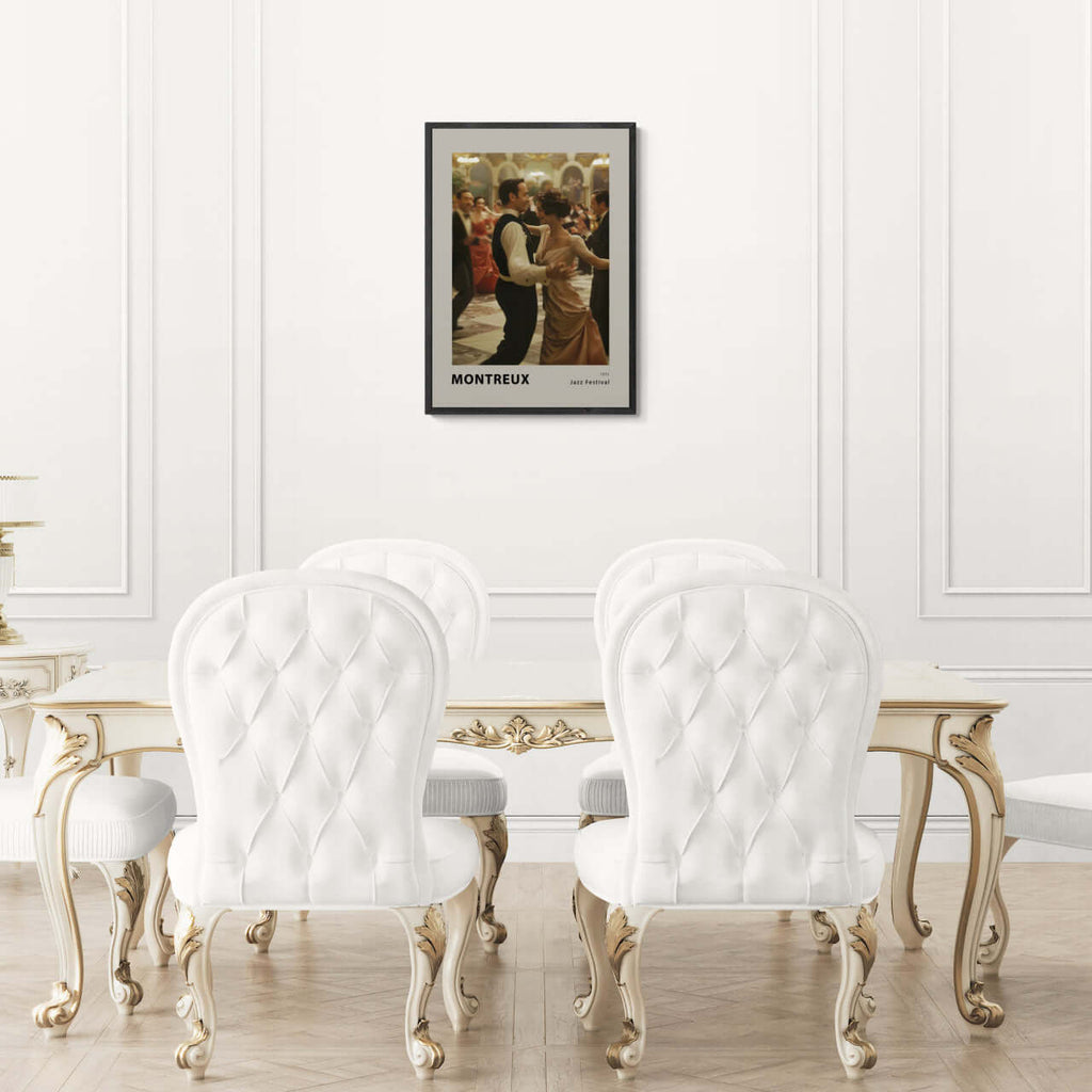 Montreux jazz festival - Poster in elegant dining room with white chairs and luxurious decor.