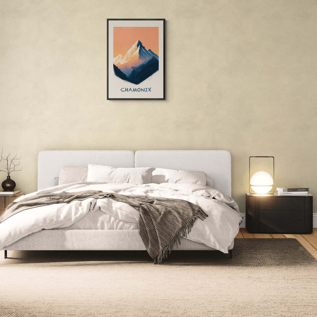 Morning in Chamonix - Poster in a modern bedroom with cozy bed and warm decor.