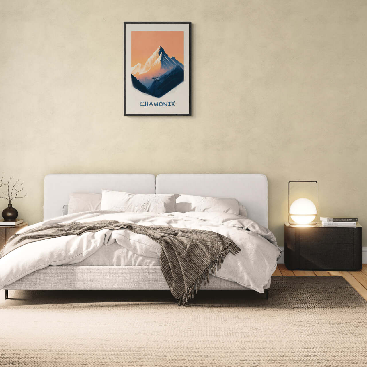 Morning in Chamonix - Poster in a modern bedroom with cozy bed and warm decor.