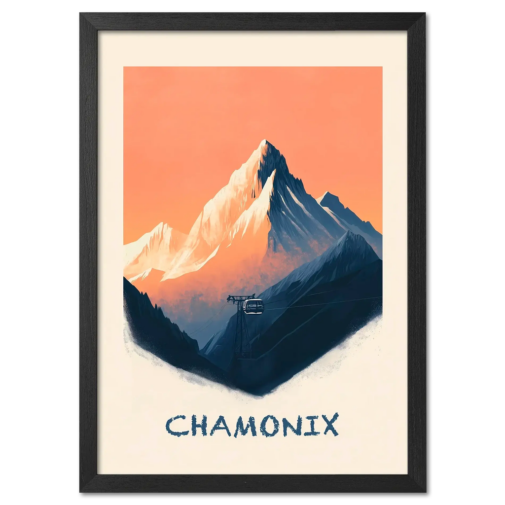 Morning in Chamonix - Poster featuring a serene mountain landscape with a cable car.