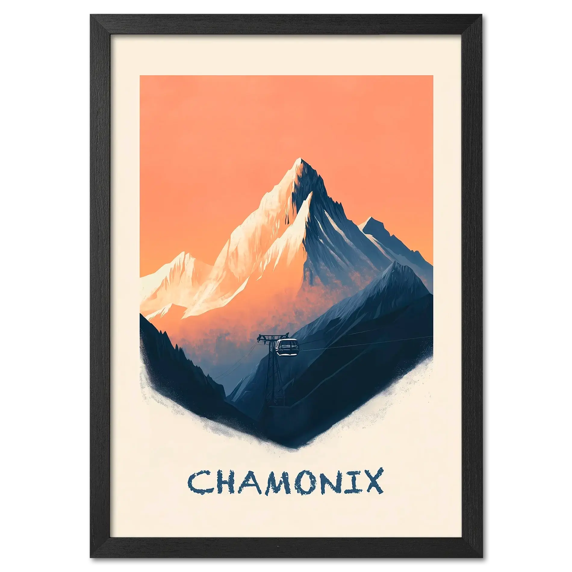 Morning in Chamonix - Poster featuring a serene mountain landscape with a cable car.