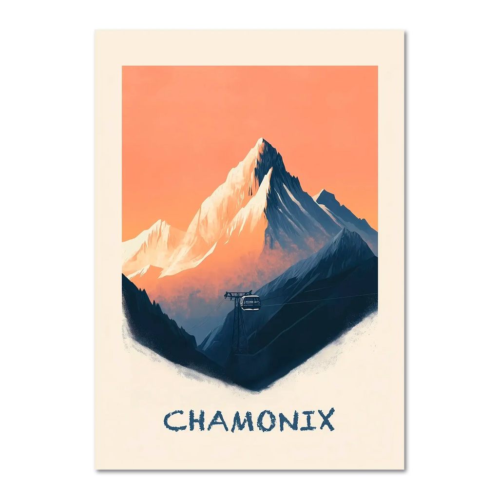 Morning in Chamonix - Poster depicting a serene dawn over mountains and a cable car.