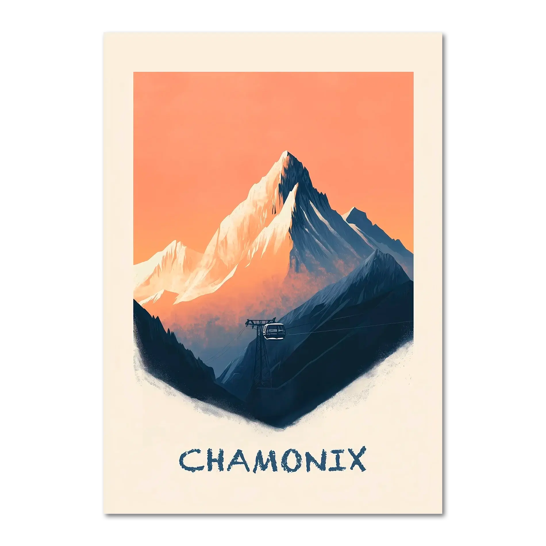 Morning in Chamonix - Poster depicting a serene dawn over mountains and a cable car.