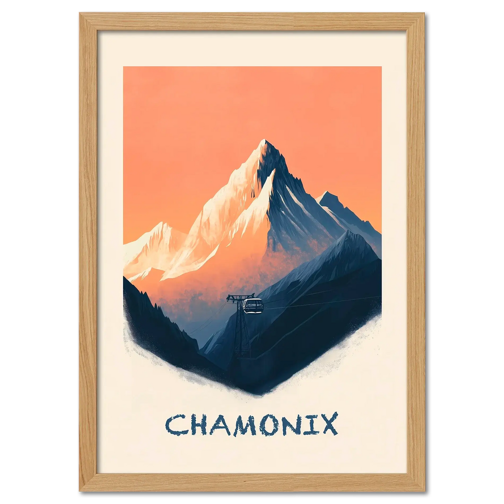 Morning in Chamonix - Poster featuring snowy mountain peaks and a cable car in soft sunrise light.