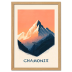 Morning in Chamonix - Poster featuring snowy mountain peaks and a cable car in soft sunrise light.