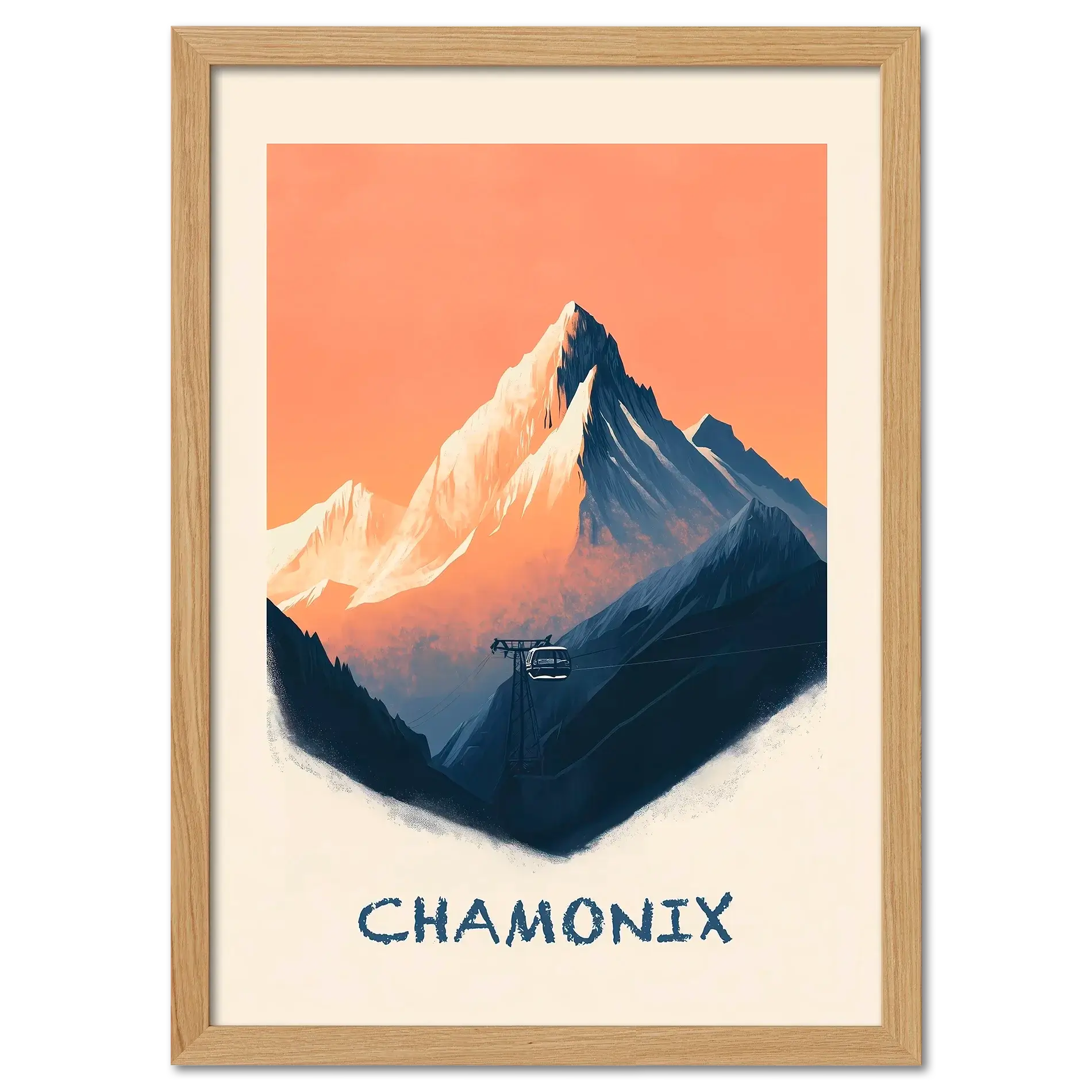 Morning in Chamonix - Poster featuring snowy mountain peaks and a cable car in soft sunrise light.