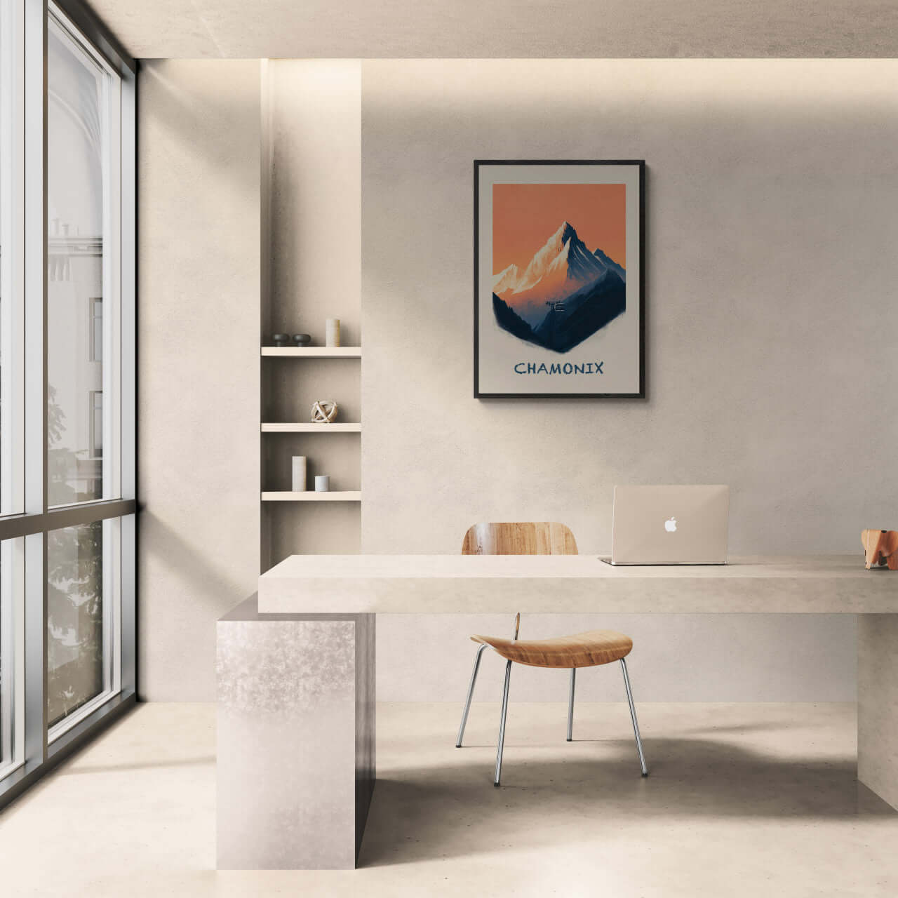 Morning in Chamonix - Poster displayed in a modern office setting with warm tones and minimalist design.
