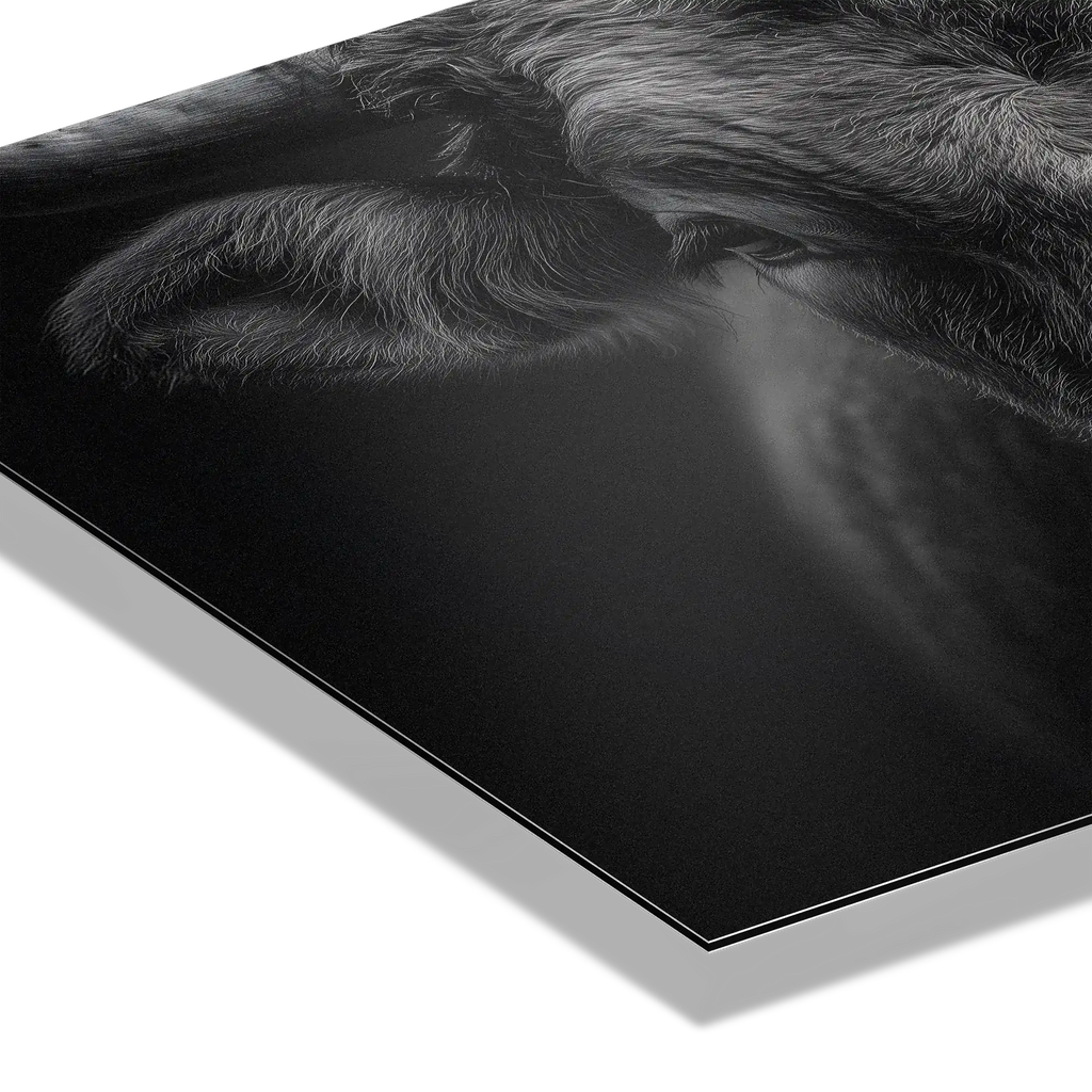 Presence of a bull - Alu-Dibond wall art showcasing the detailed texture of a mountain bull's horns.