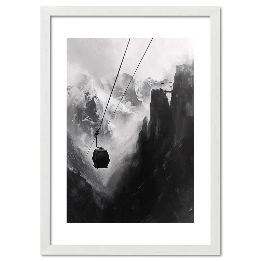 Mysterious Lift - Poster showing a cable car in a dramatic mountain gorge with snow-covered peaks and dark rock walls.