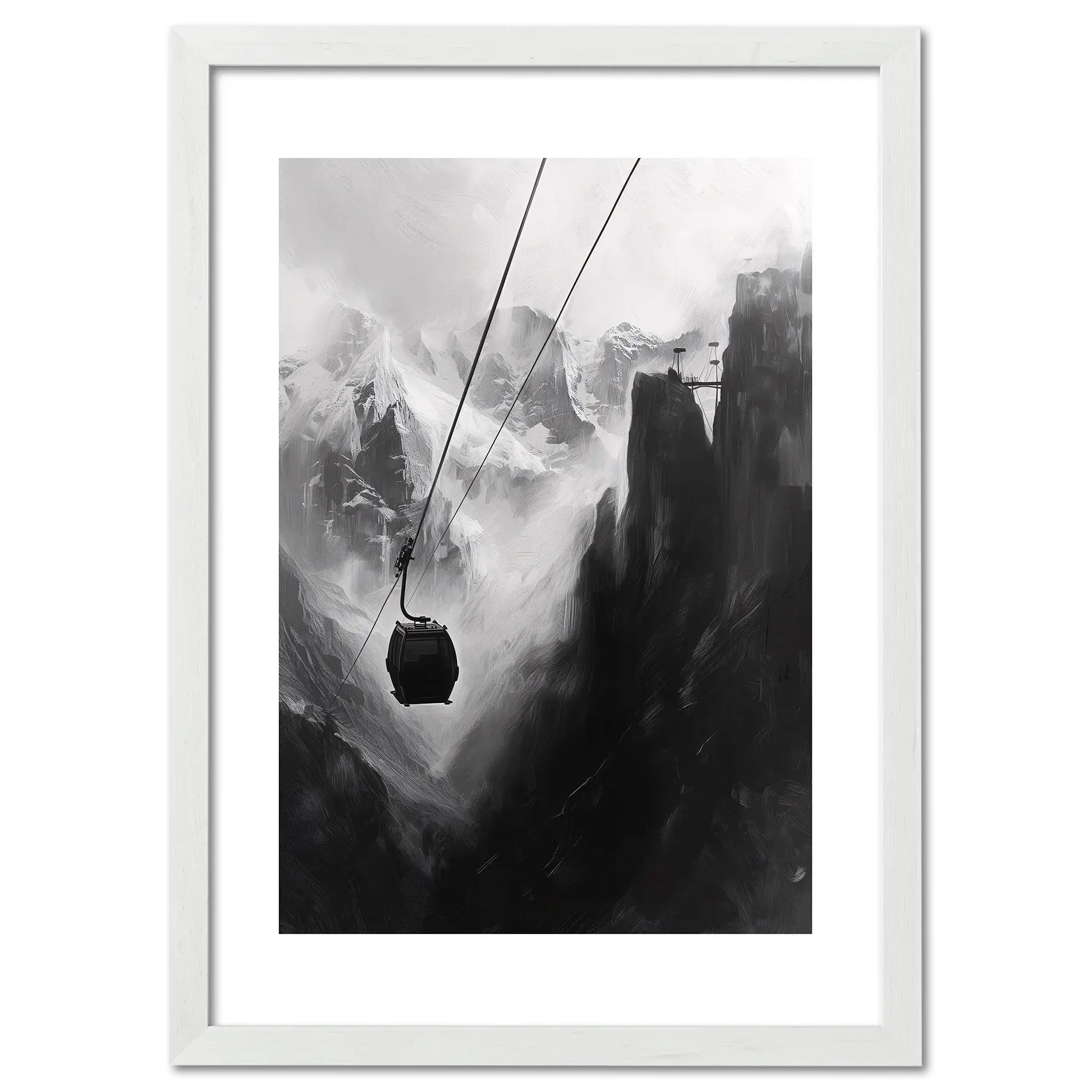 Mysterious Lift - Poster showing a cable car in a dramatic mountain gorge with snow-covered peaks and dark rock walls.