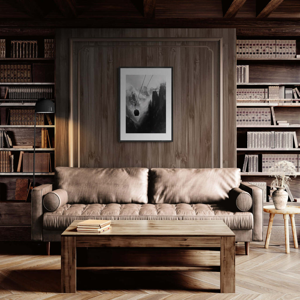 Mysterious Lift - Poster displayed in a modern living room with wood accents and cozy furnishings.