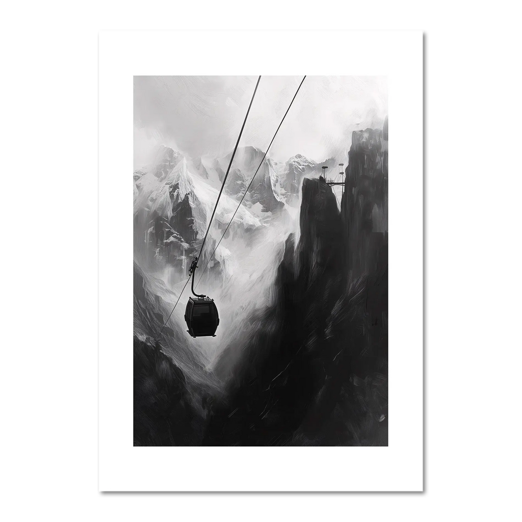 Mysterious Lift - Poster featuring a solitary cable car in a dramatic mountain gorge with misty peaks.