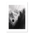 Mysterious Lift - Poster featuring a solitary cable car in a dramatic mountain gorge with misty peaks.