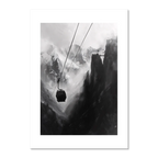 Mysterious Lift - Poster featuring a solitary cable car in a dramatic mountain gorge with misty peaks.