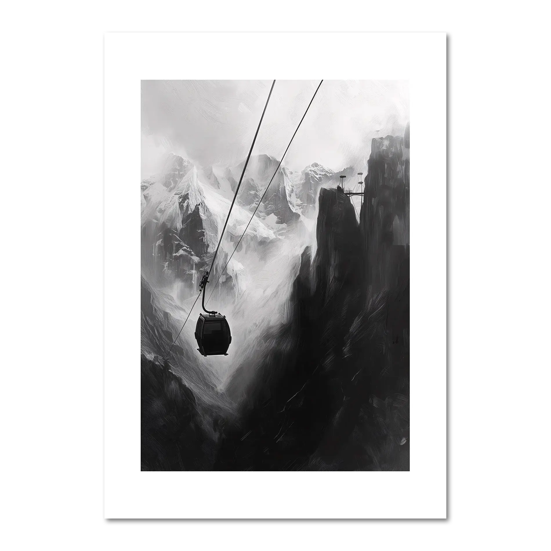 Mysterious Lift - Poster featuring a solitary cable car in a dramatic mountain gorge with misty peaks.