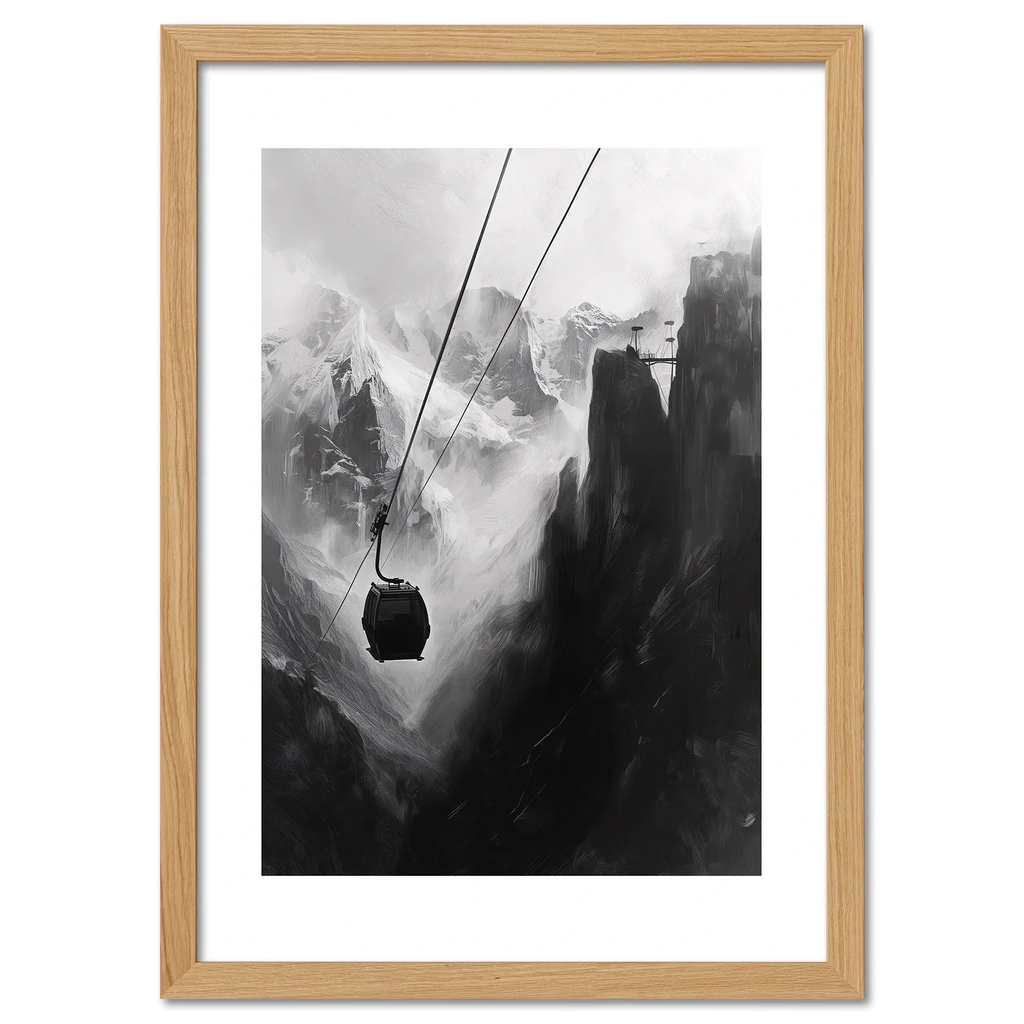 Mysterious Lift - Poster depicting a solitary cable car in a dramatic mountain gorge with dark rock and misty peaks.