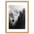 Mysterious Lift - Poster depicting a solitary cable car in a dramatic mountain gorge with dark rock and misty peaks.