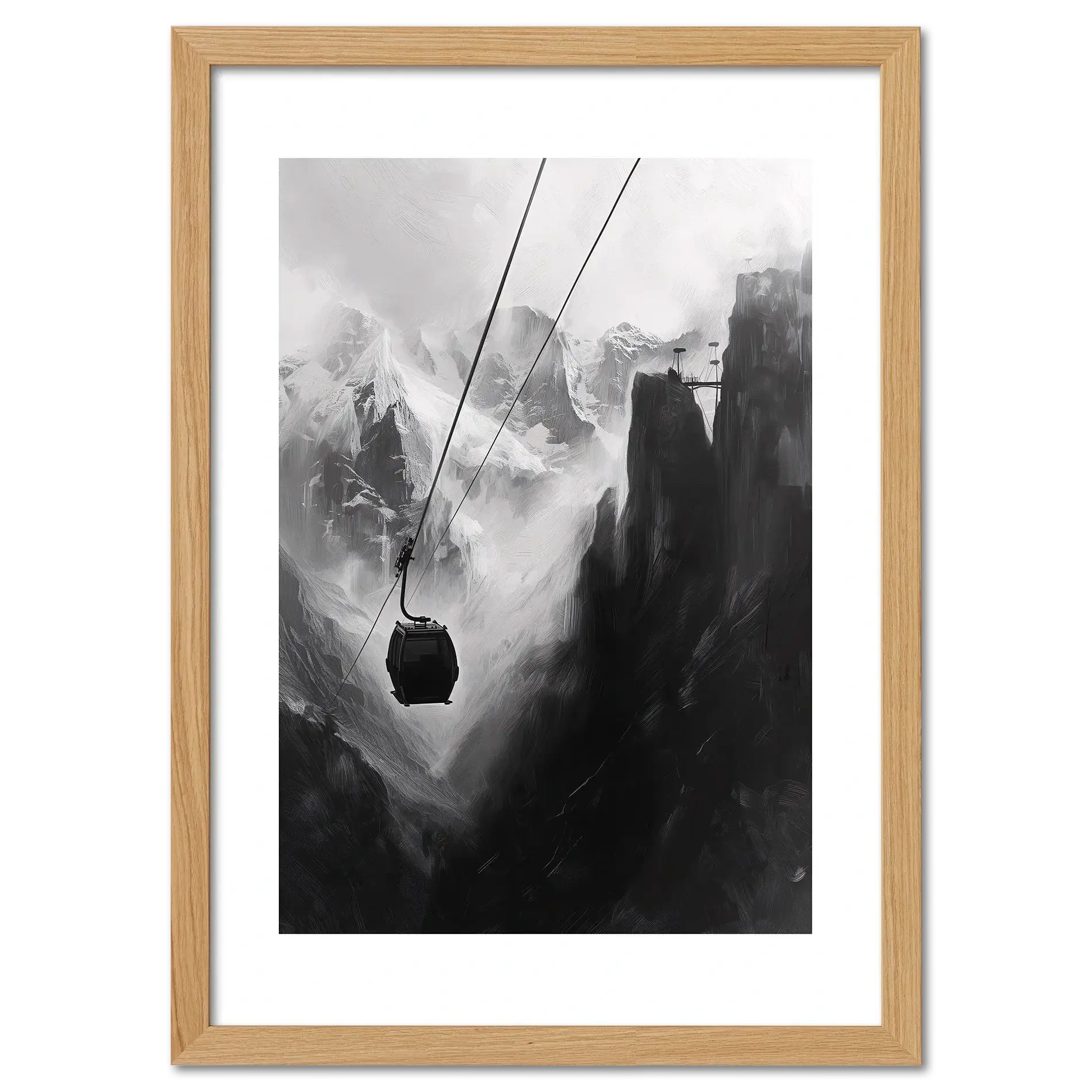 Mysterious Lift - Poster depicting a solitary cable car in a dramatic mountain gorge with dark rock and misty peaks.