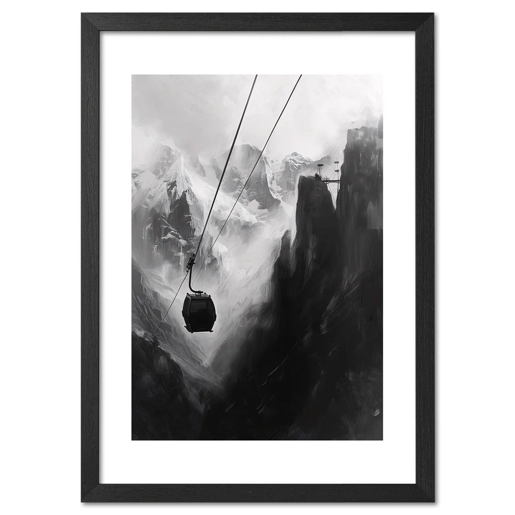 Mysterious Lift - Poster featuring a cable car in a dramatic mountain gorge with misty peaks.