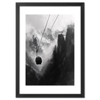Mysterious Lift - Poster featuring a cable car in a dramatic mountain gorge with misty peaks.
