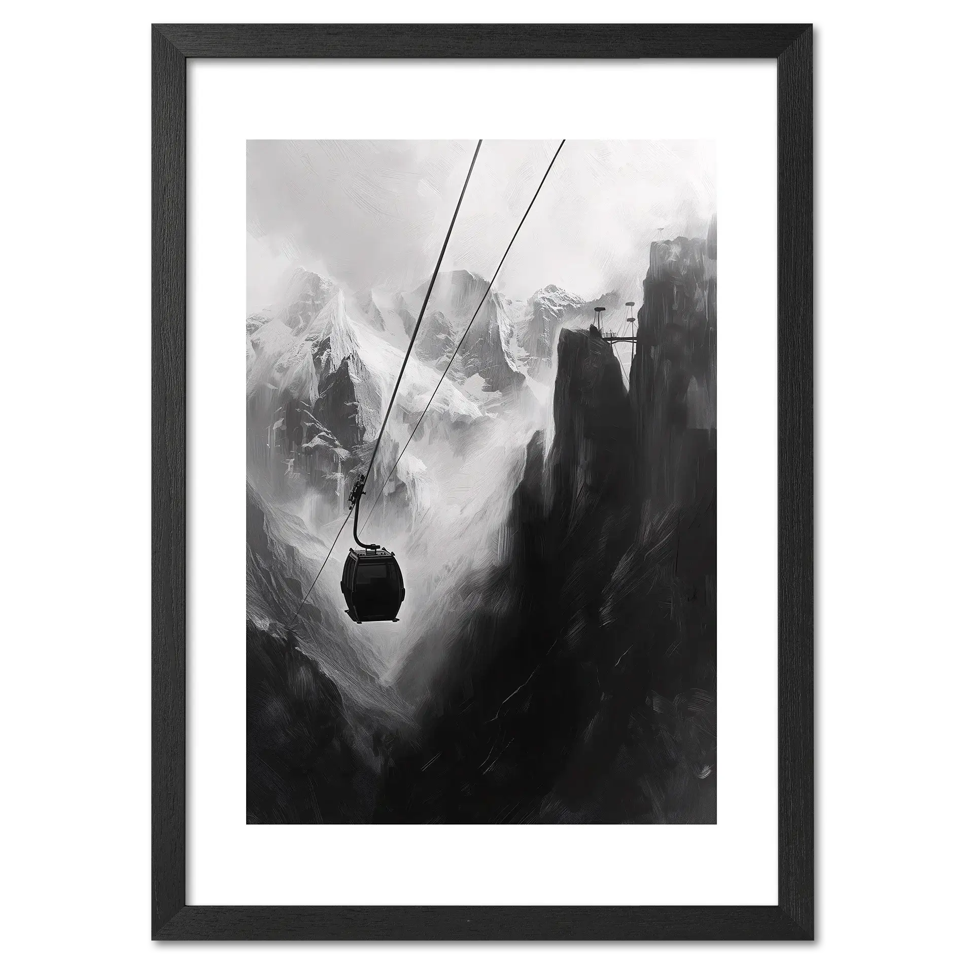 Mysterious Lift - Poster featuring a cable car in a dramatic mountain gorge with misty peaks.