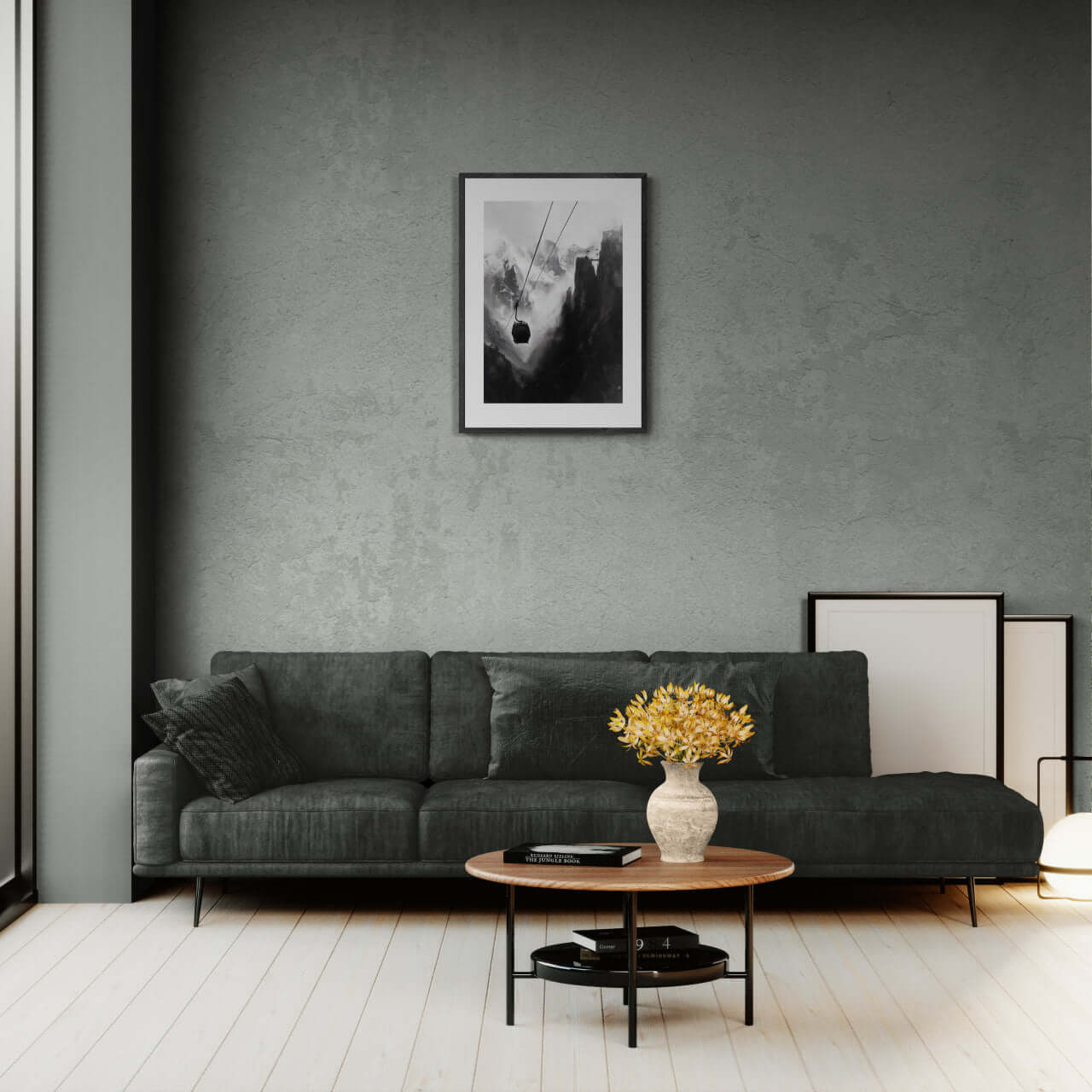 Mysterious Lift - Poster displayed in modern minimalist living room with dark couch and wooden coffee table.