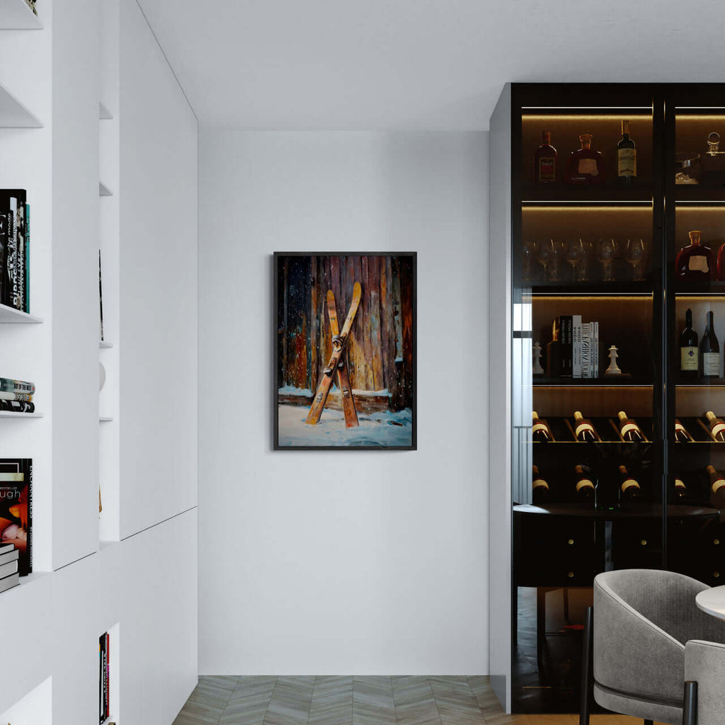 Old Skis, Alpine Shed - Poster displayed in a modern interior with stylish decor.