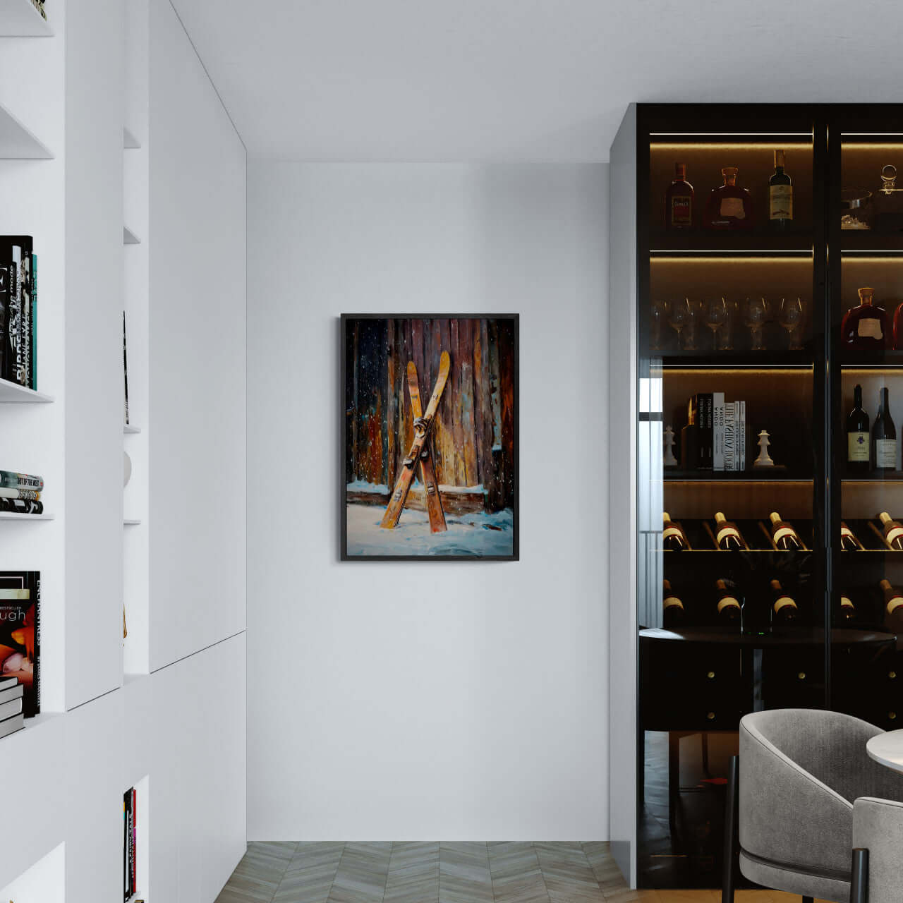Old Skis, Alpine Shed - Poster displayed in a modern interior with stylish decor.