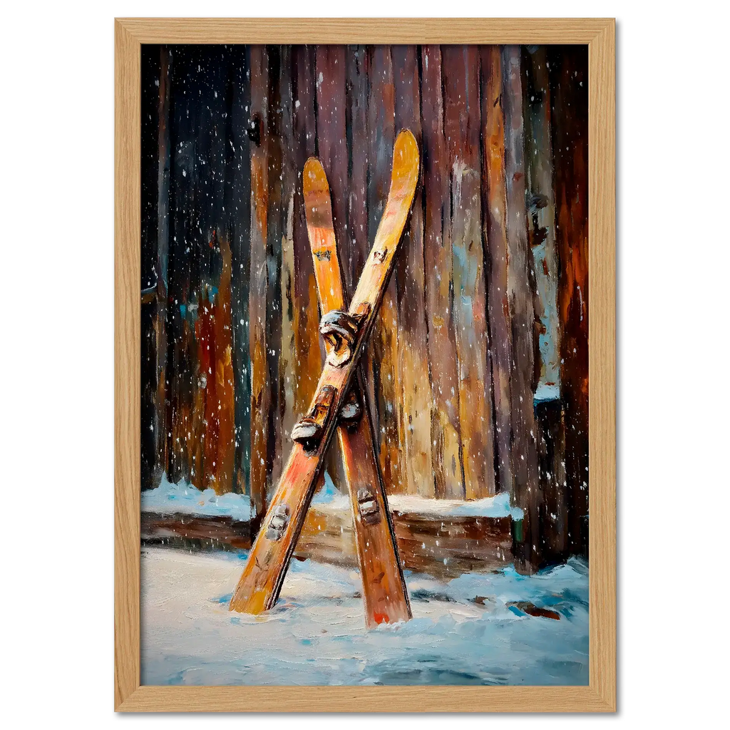 Old Skis, Alpine Shed - Poster featuring vintage wooden skis against a rustic shed in a snowy landscape.