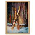 Old Skis, Alpine Shed - Poster featuring vintage wooden skis against a rustic shed in a snowy landscape.