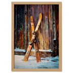 Old Skis, Alpine Shed - Poster featuring vintage wooden skis against a rustic shed in a snowy landscape.