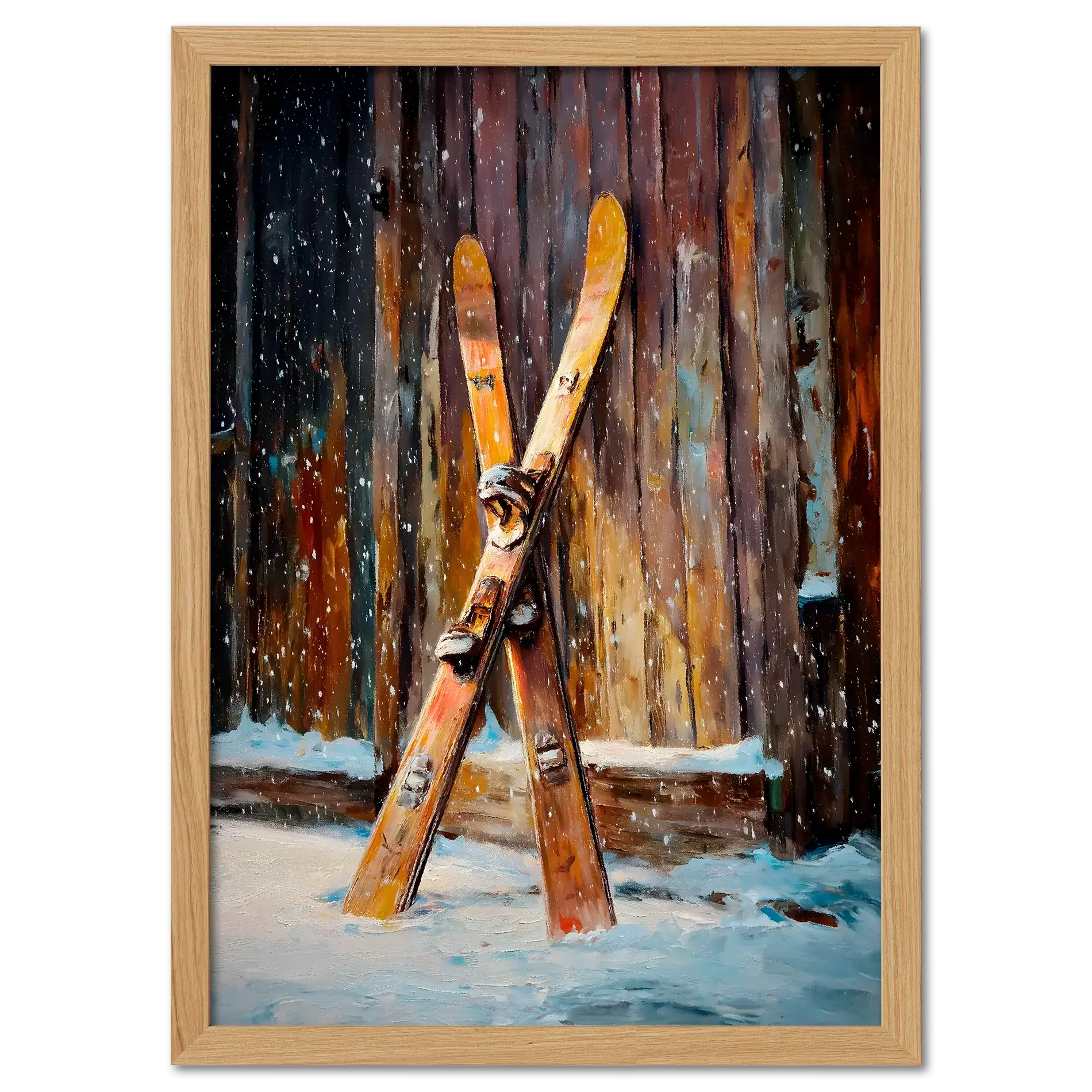 Old Skis, Alpine Shed - Poster featuring vintage wooden skis against a rustic shed in a snowy landscape.