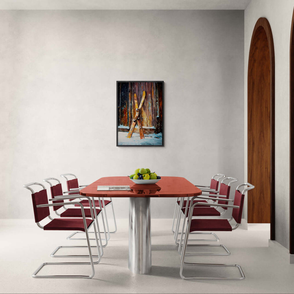 Old Skis, Alpine Shed - Poster displayed in a modern dining room with a sleek table and chairs.