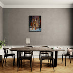 Old Skis, Alpine Shed - Poster hanging above a dining table in a modern interior with wooden accents.