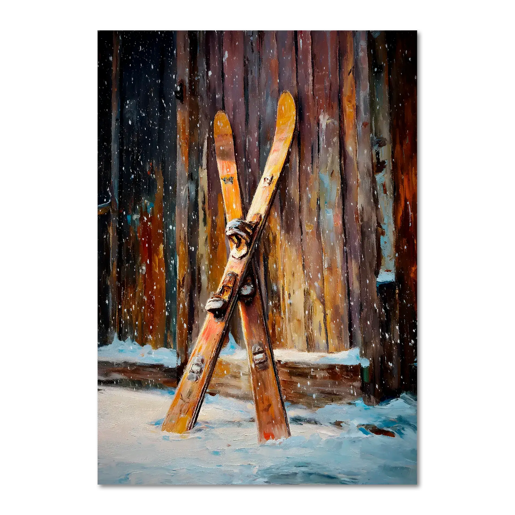 Old Skis, Alpine Shed - Poster: A pair of old wooden skis leaned against a rustic shed in falling snow.