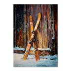 Old Skis, Alpine Shed - Poster: A pair of old wooden skis leaned against a rustic shed in falling snow.