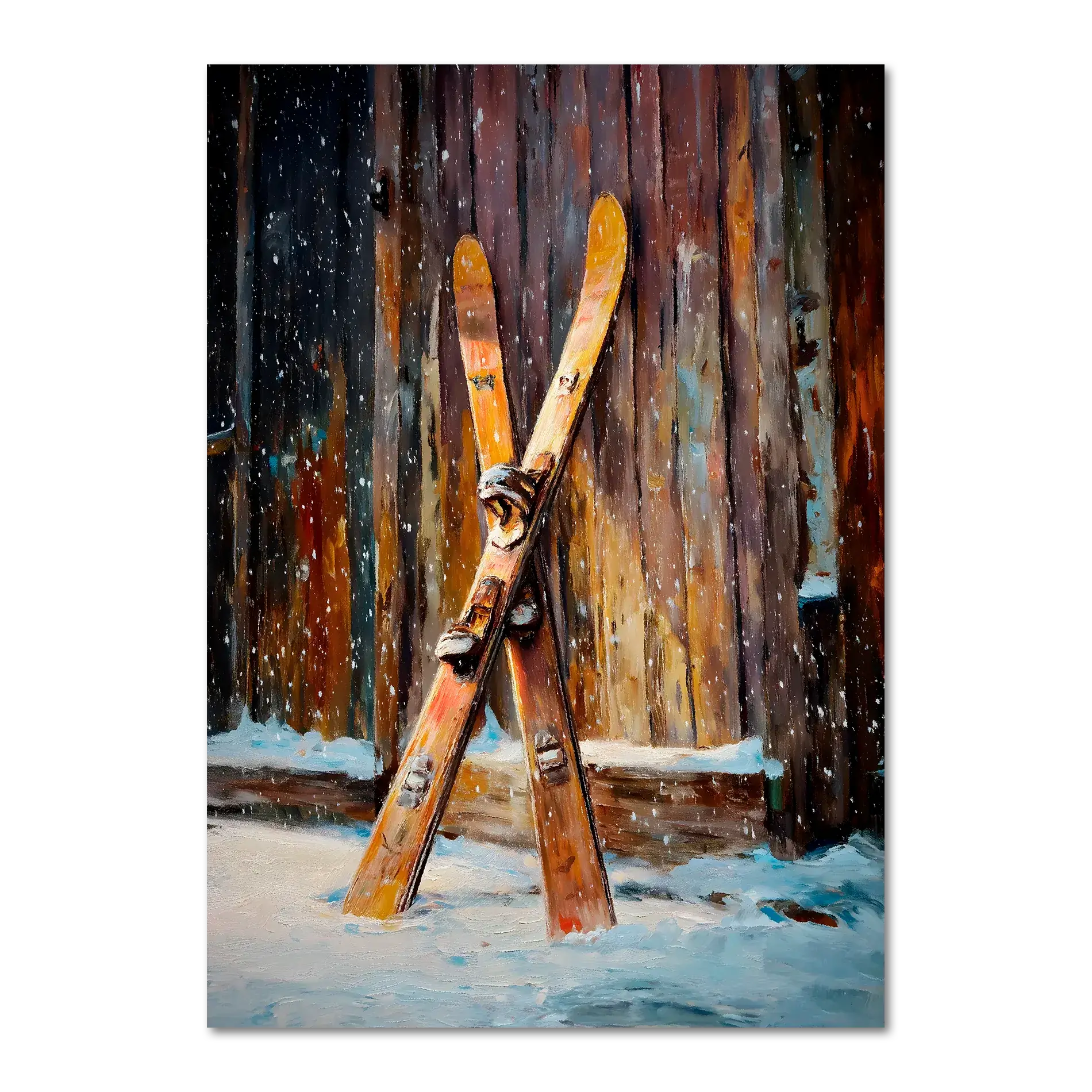 Old Skis, Alpine Shed - Poster: A pair of old wooden skis leaned against a rustic shed in falling snow.