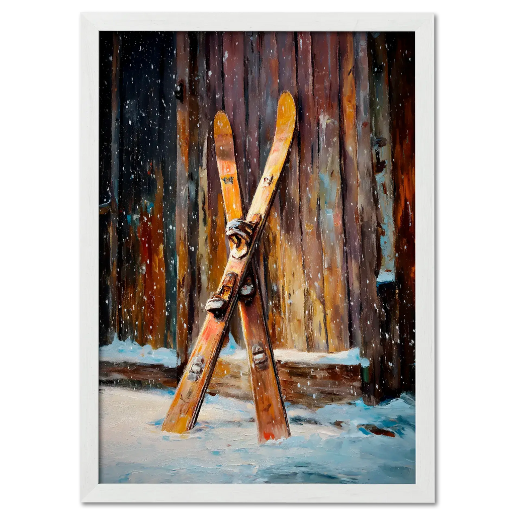 Old Skis, Alpine Shed - Poster featuring wooden skis against a rustic shed in the snow.