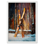 Old Skis, Alpine Shed - Poster featuring wooden skis against a rustic shed in the snow.