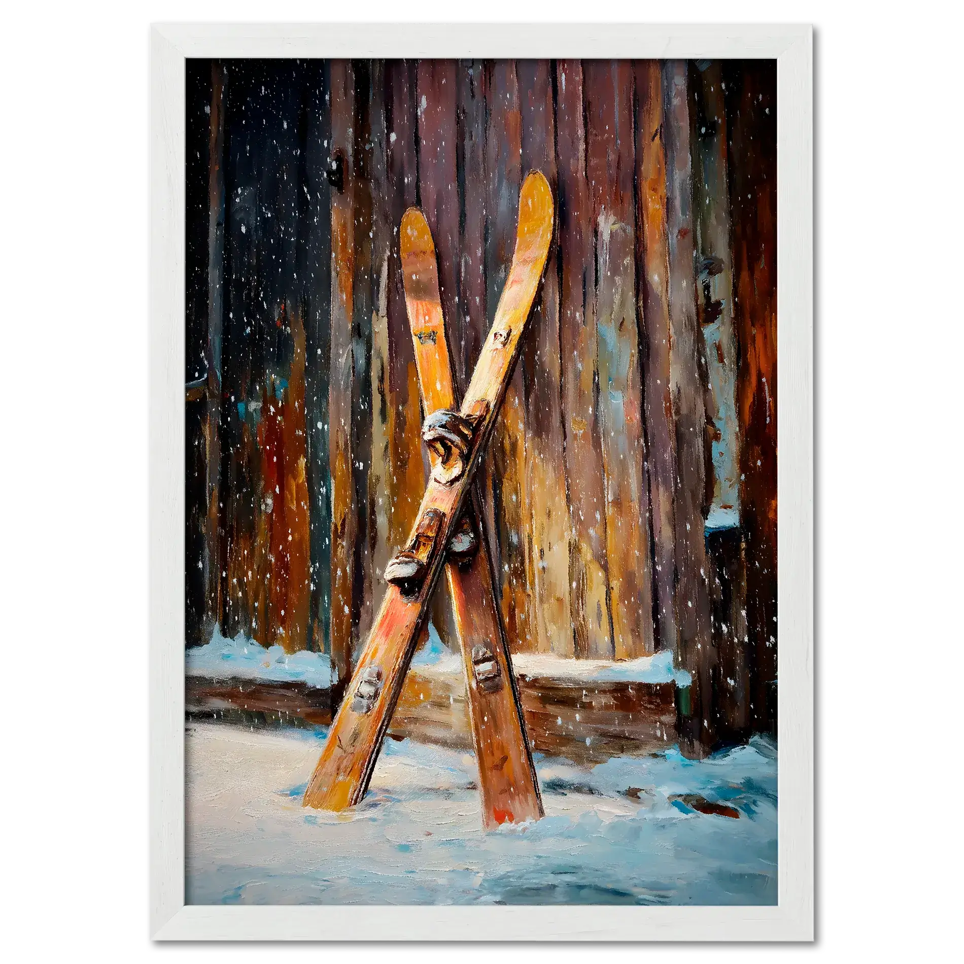 Old Skis, Alpine Shed - Poster featuring wooden skis against a rustic shed in the snow.