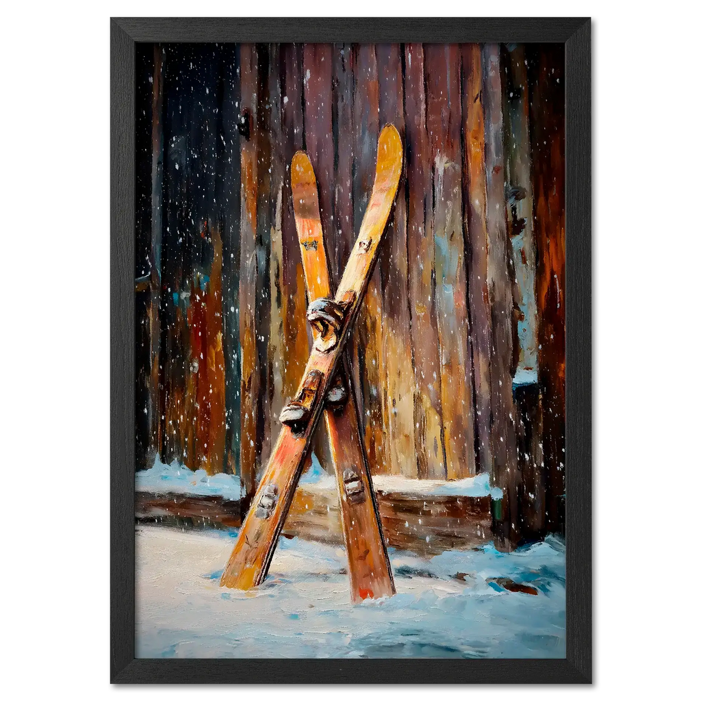 Old Skis, Alpine Shed - Poster featuring wooden skis against a rustic shed backdrop in soft snowfall.