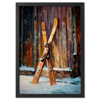 Old Skis, Alpine Shed - Poster featuring wooden skis against a rustic shed backdrop in soft snowfall.