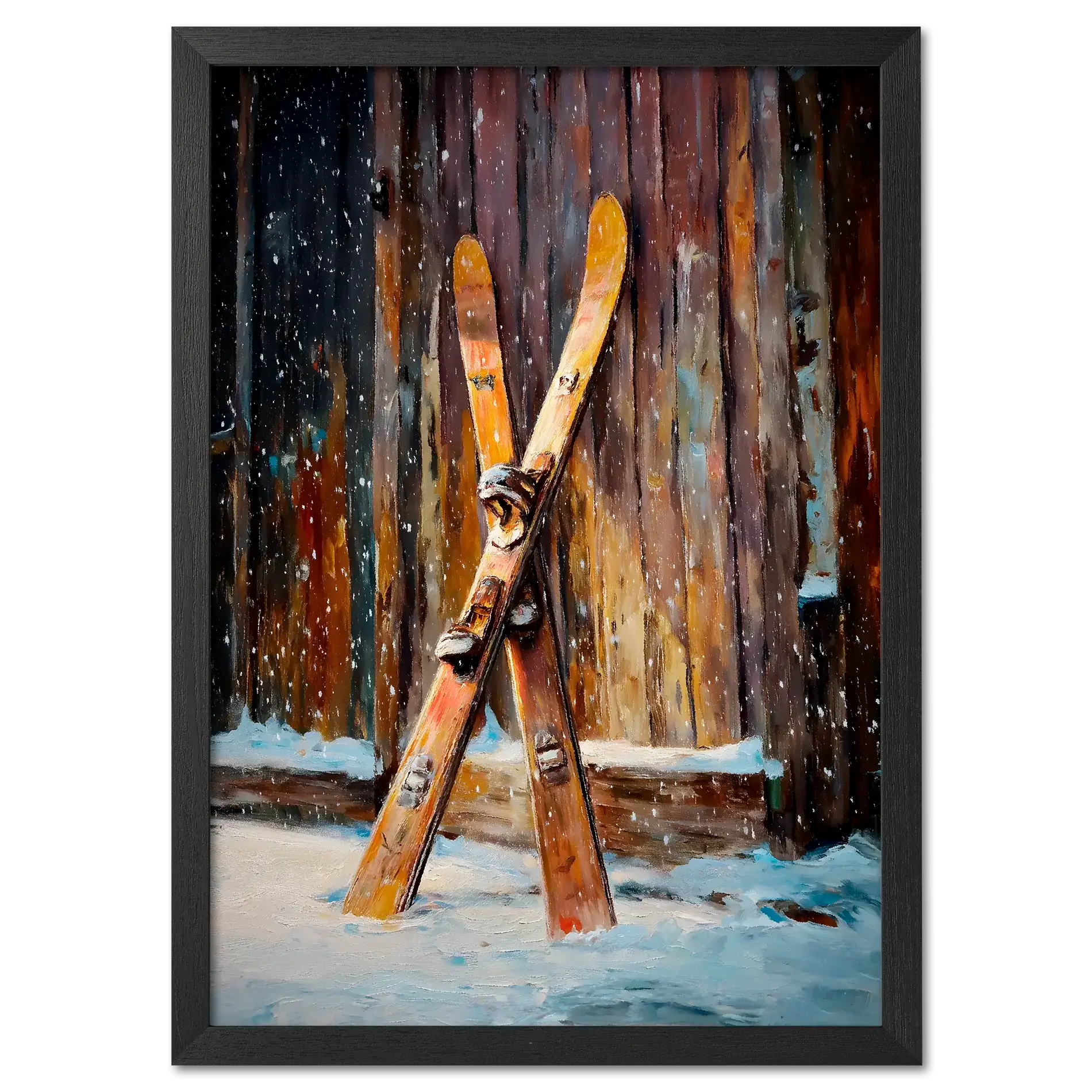 Old Skis, Alpine Shed - Poster featuring wooden skis against a rustic shed backdrop in soft snowfall.