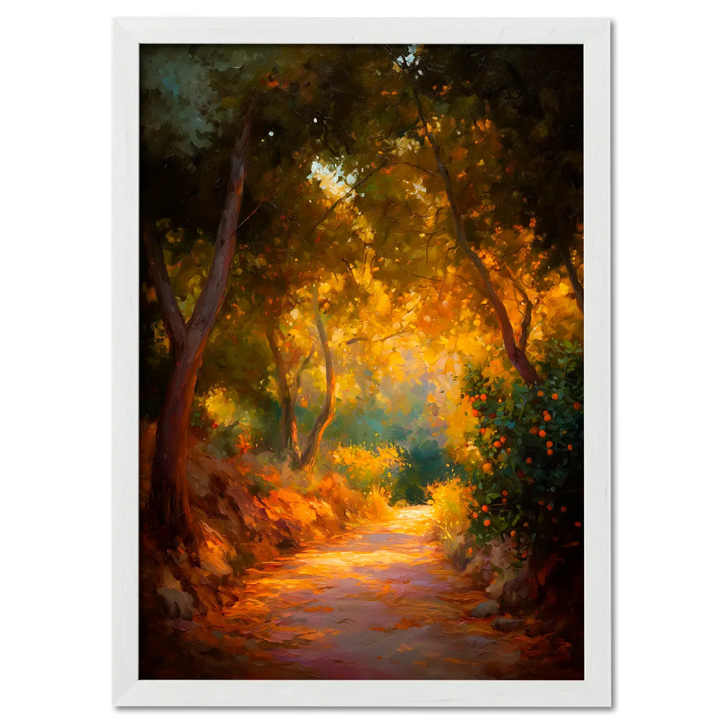 Orange Grove Path - Poster featuring a serene winding path through a vibrant orange grove illuminated by warm sunlight.