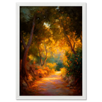 Orange Grove Path - Poster featuring a serene winding path through a vibrant orange grove illuminated by warm sunlight.