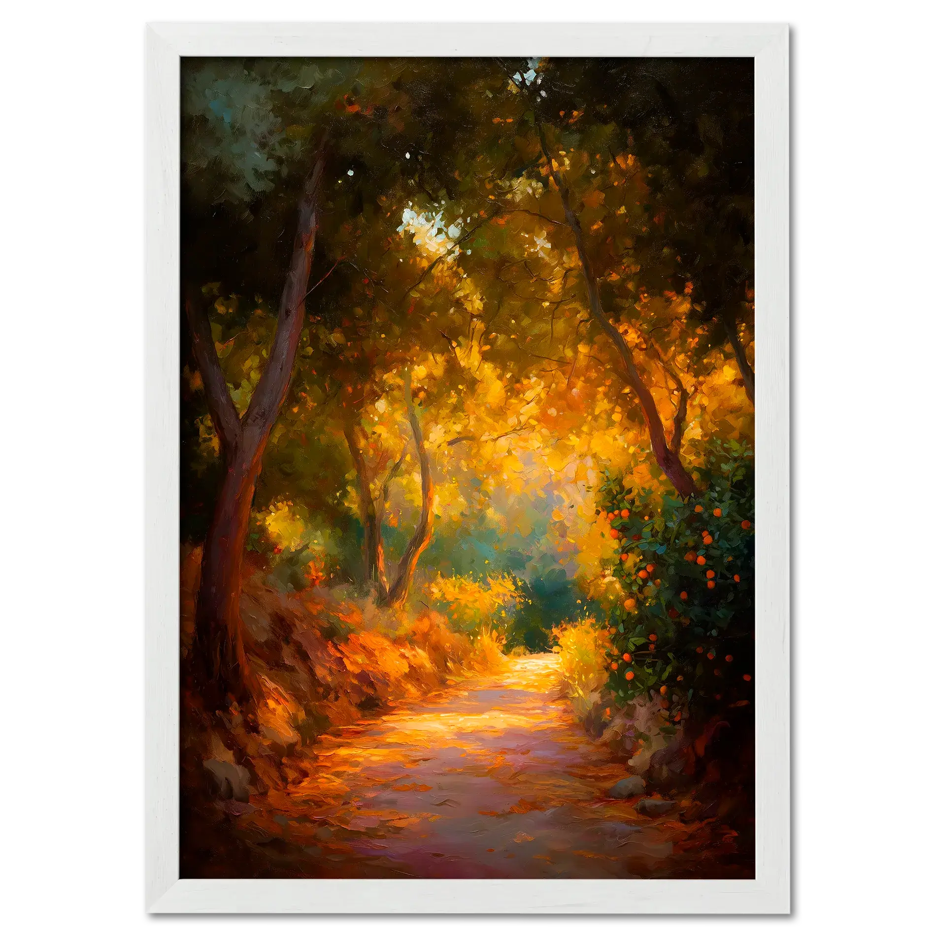 Orange Grove Path - Poster featuring a serene winding path through a vibrant orange grove illuminated by warm sunlight.