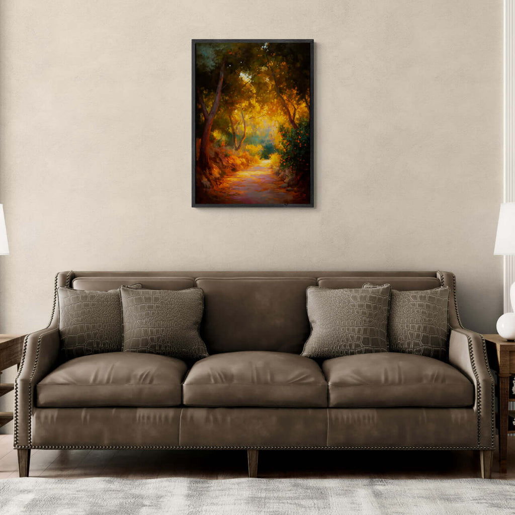 Orange Grove Path - Poster showcasing a serene path through an orange grove, ideal for modern minimalist wall art.