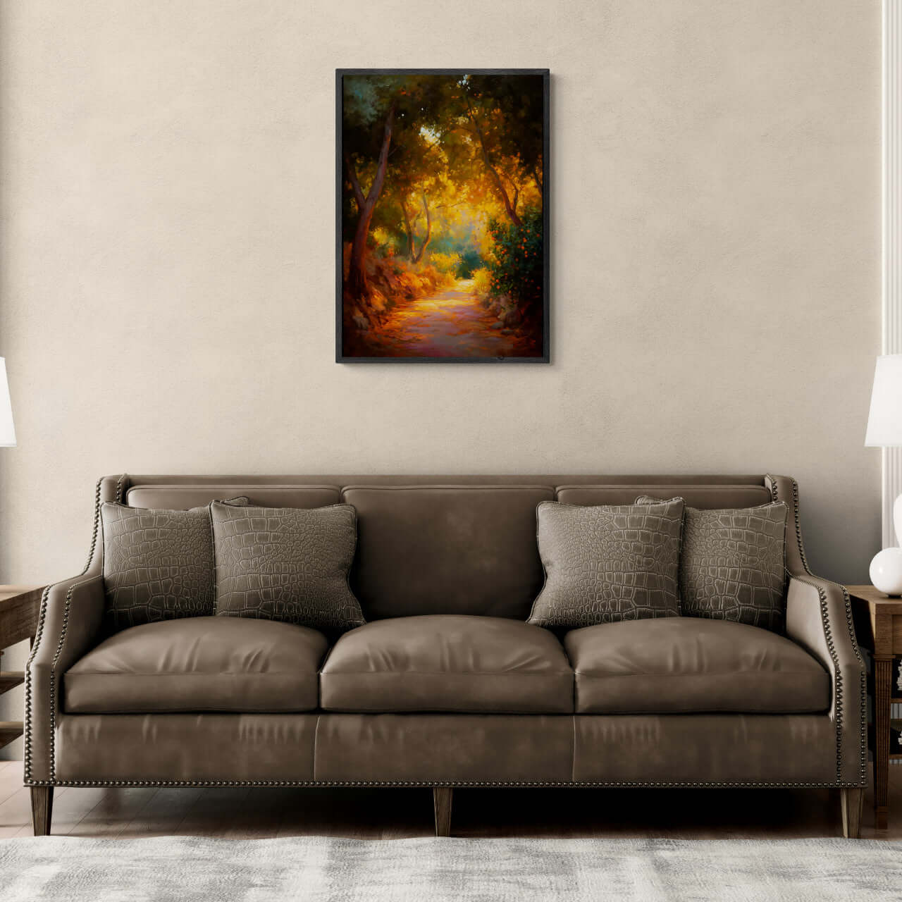 Orange Grove Path - Poster showcasing a serene path through an orange grove, ideal for modern minimalist wall art.
