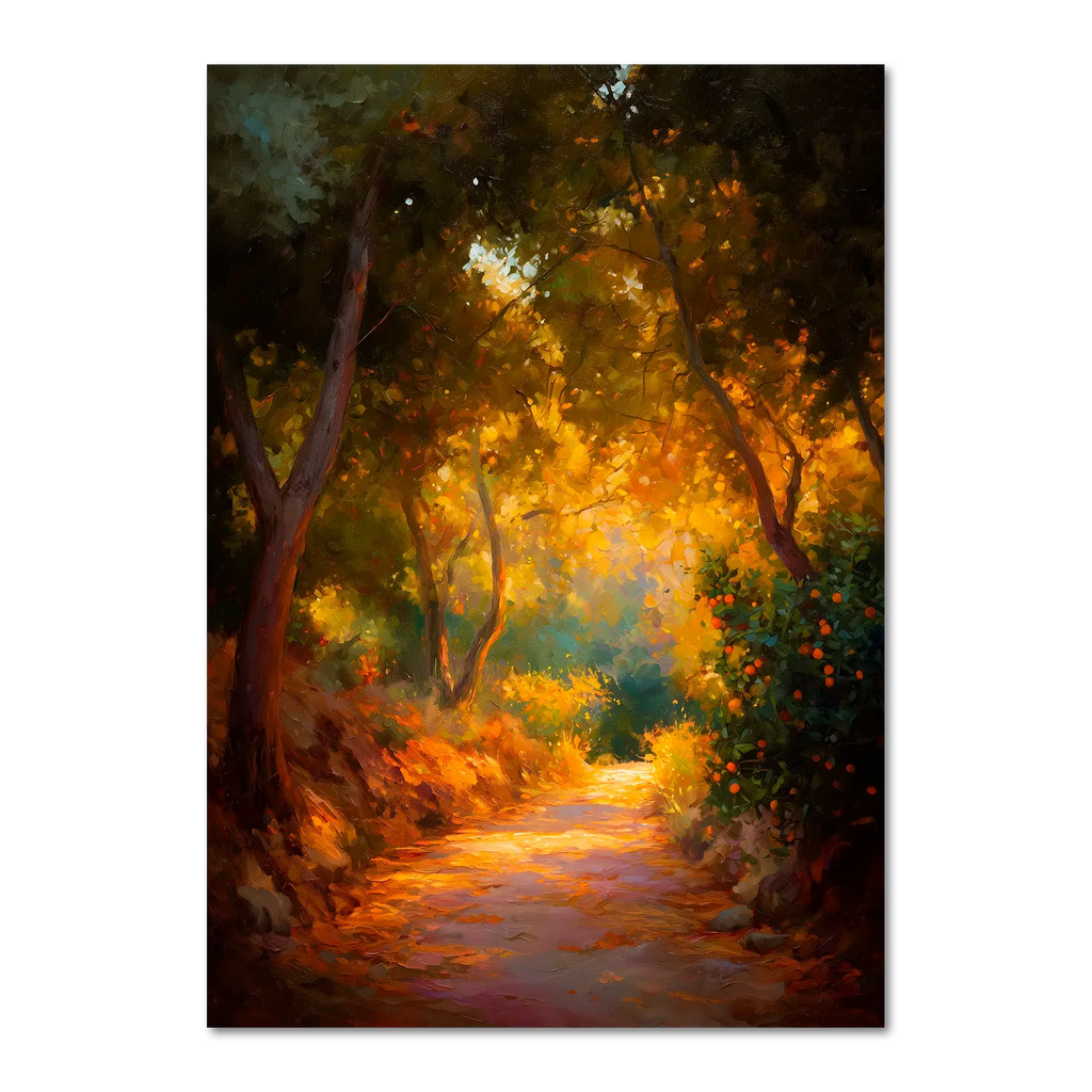 Orange Grove Path - Poster showcasing a tranquil winding path through an orange grove with glowing foliage.